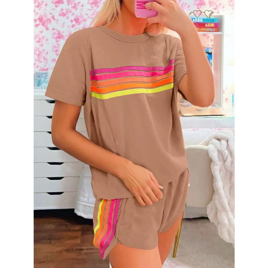 Rainbow Striped Round Neck Top and Shorts Set Apparel and Accessories