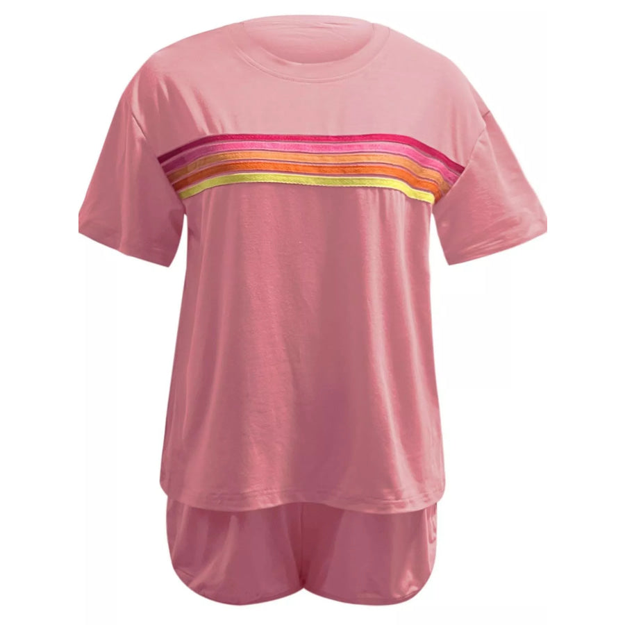 Rainbow Striped Round Neck Top and Shorts Set Apparel and Accessories
