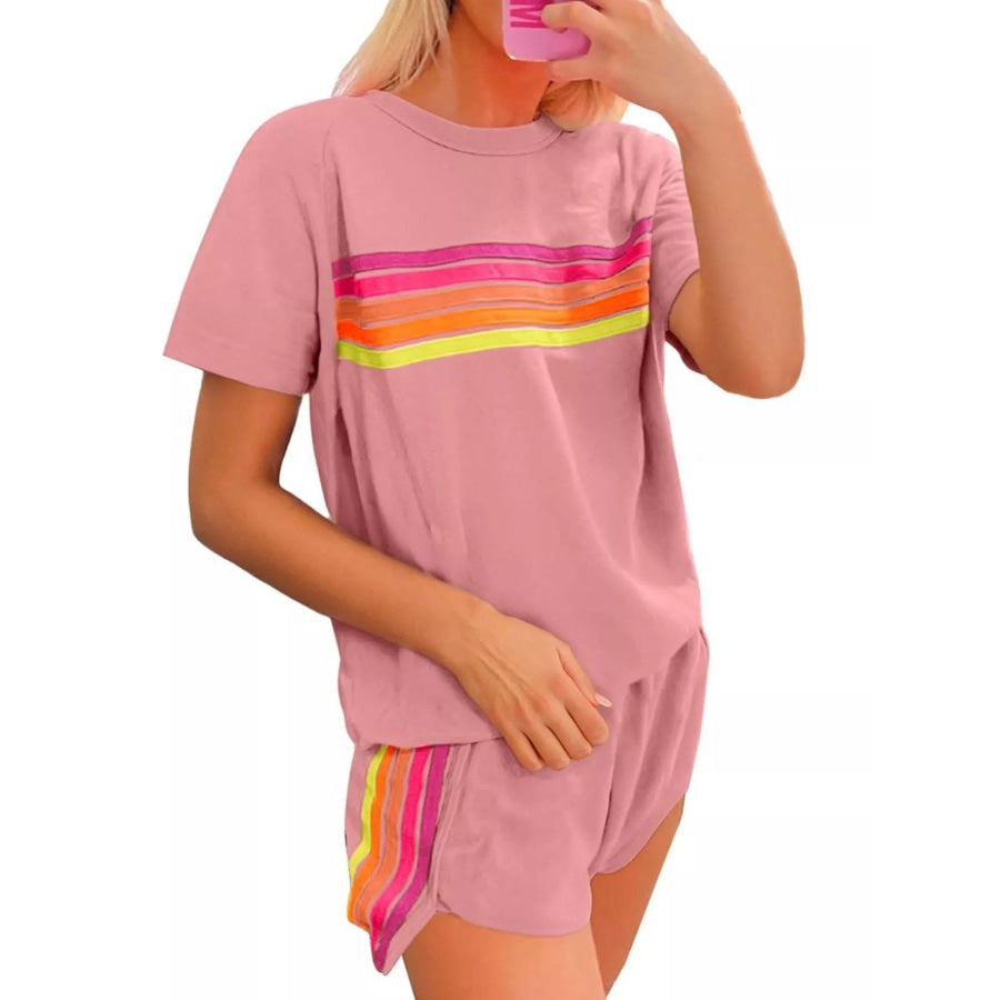 Rainbow Striped Round Neck Top and Shorts Set Apparel and Accessories