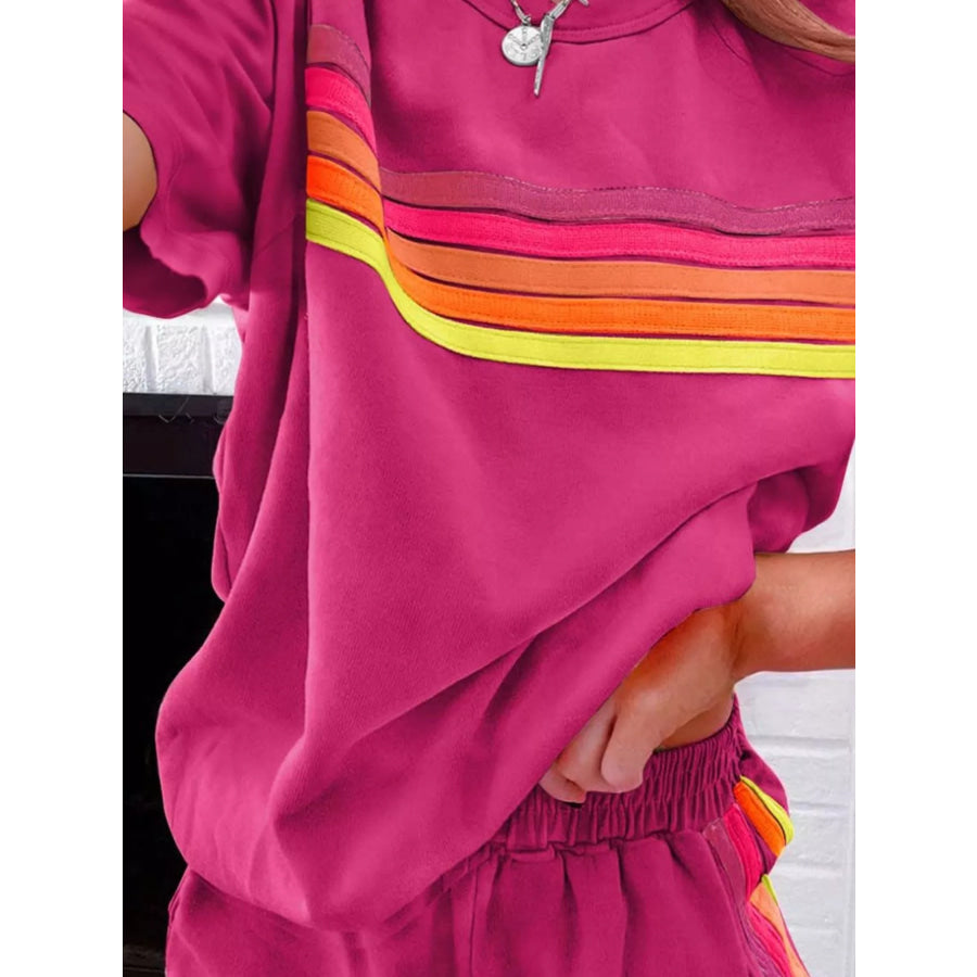 Rainbow Striped Round Neck Top and Shorts Set Apparel and Accessories