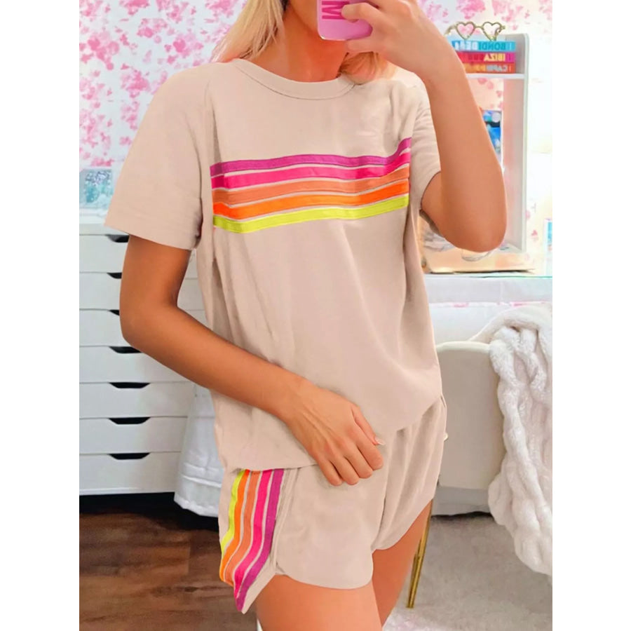 Rainbow Striped Round Neck Top and Shorts Set Apparel and Accessories