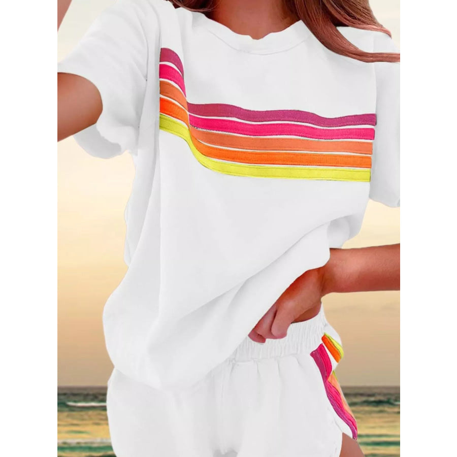 Rainbow Striped Round Neck Top and Shorts Set Apparel and Accessories