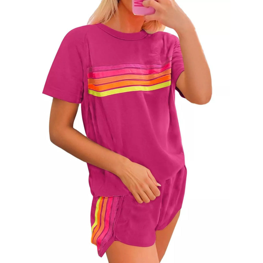 Rainbow Striped Round Neck Top and Shorts Set Apparel and Accessories
