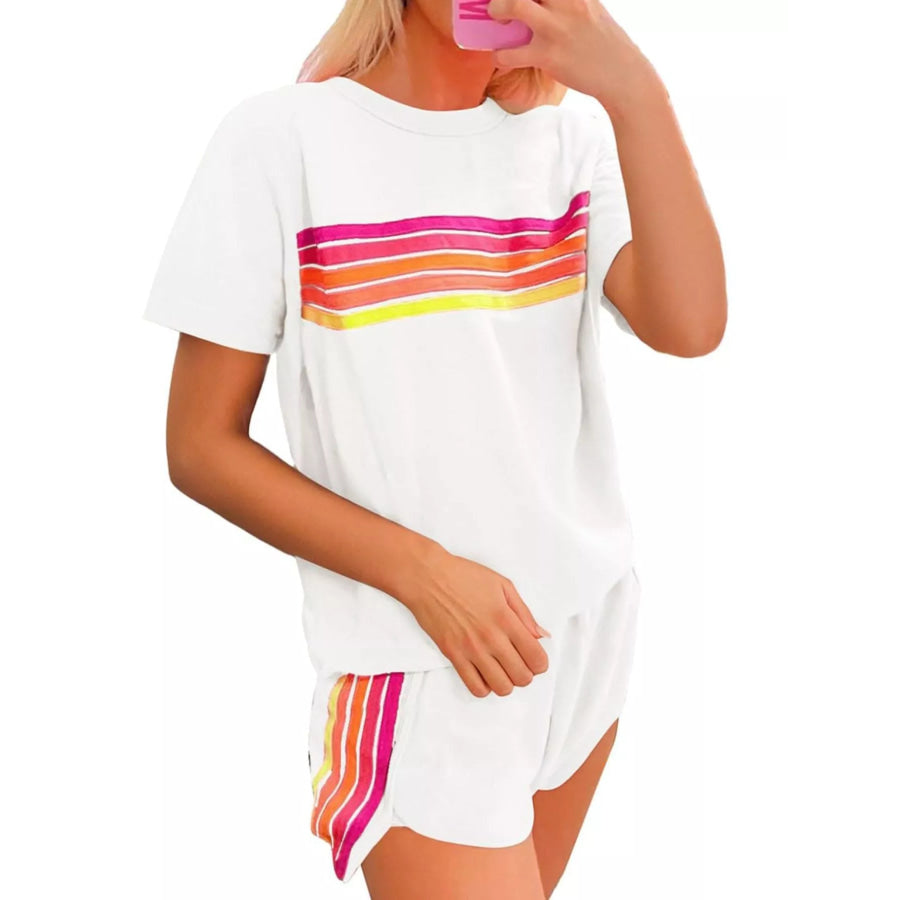 Rainbow Striped Round Neck Top and Shorts Set Apparel and Accessories
