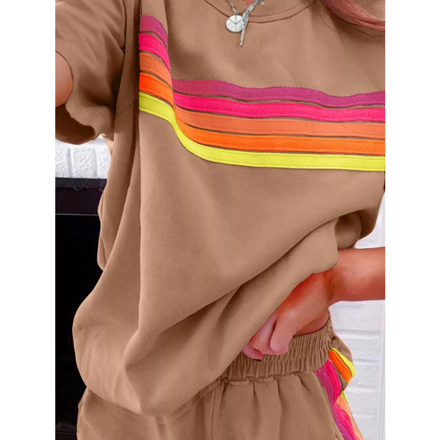 Rainbow Striped Round Neck Top and Shorts Set Apparel and Accessories