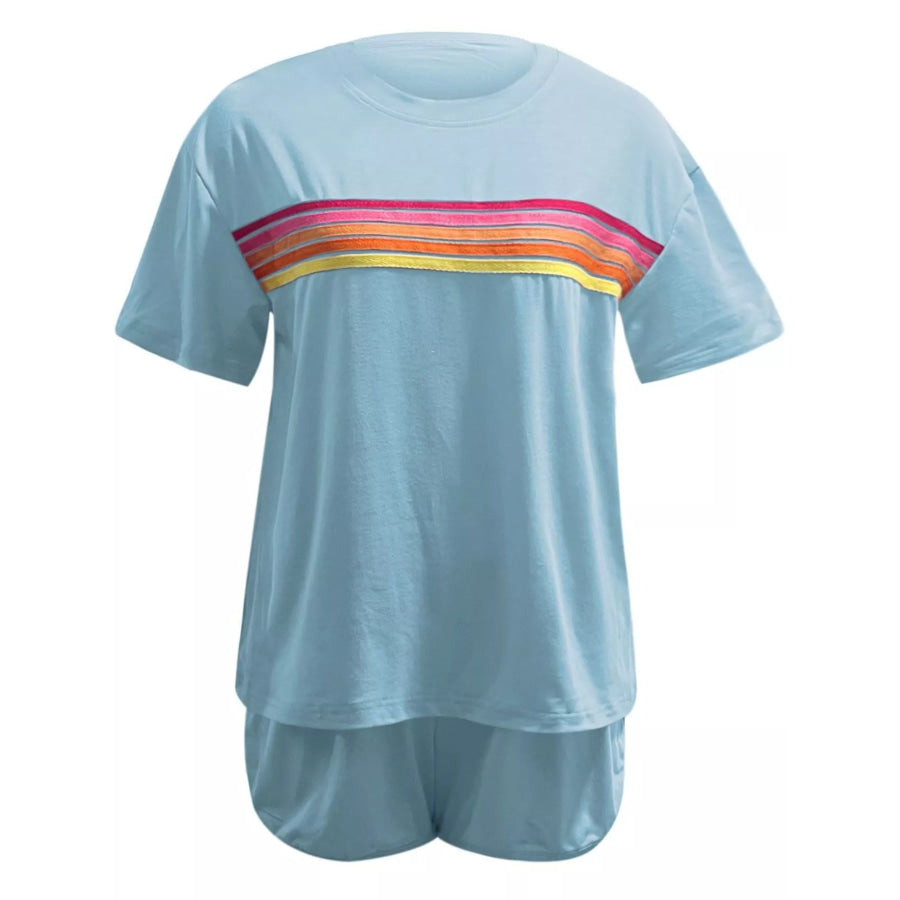 Rainbow Striped Round Neck Top and Shorts Set Apparel and Accessories