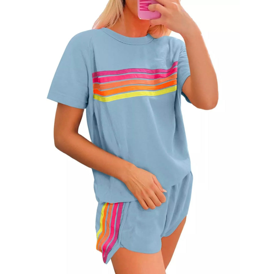 Rainbow Striped Round Neck Top and Shorts Set Apparel and Accessories