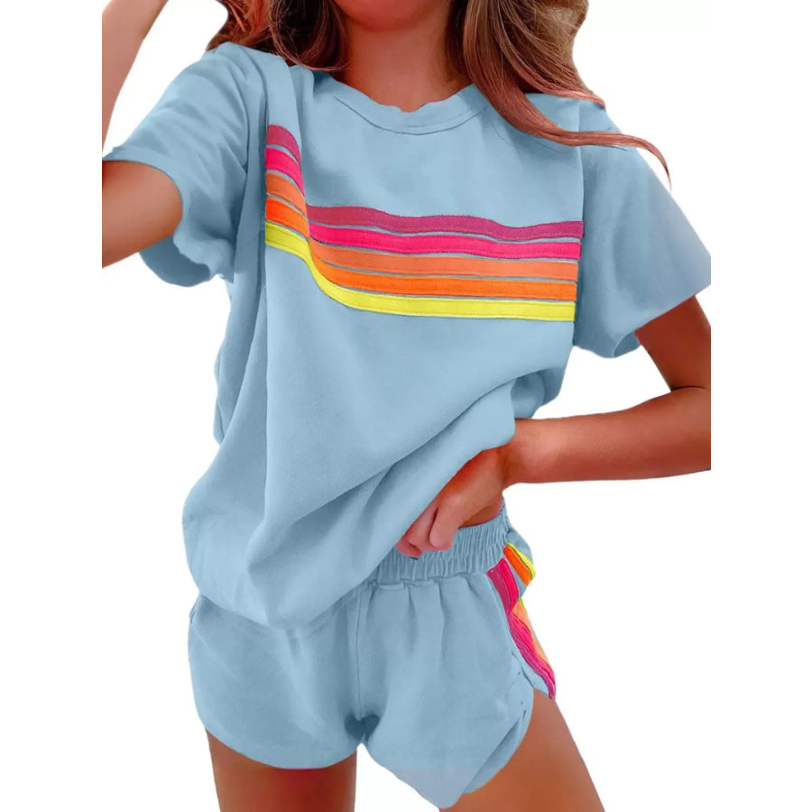 Rainbow Striped Round Neck Top and Shorts Set Blue Suit / S Apparel and Accessories