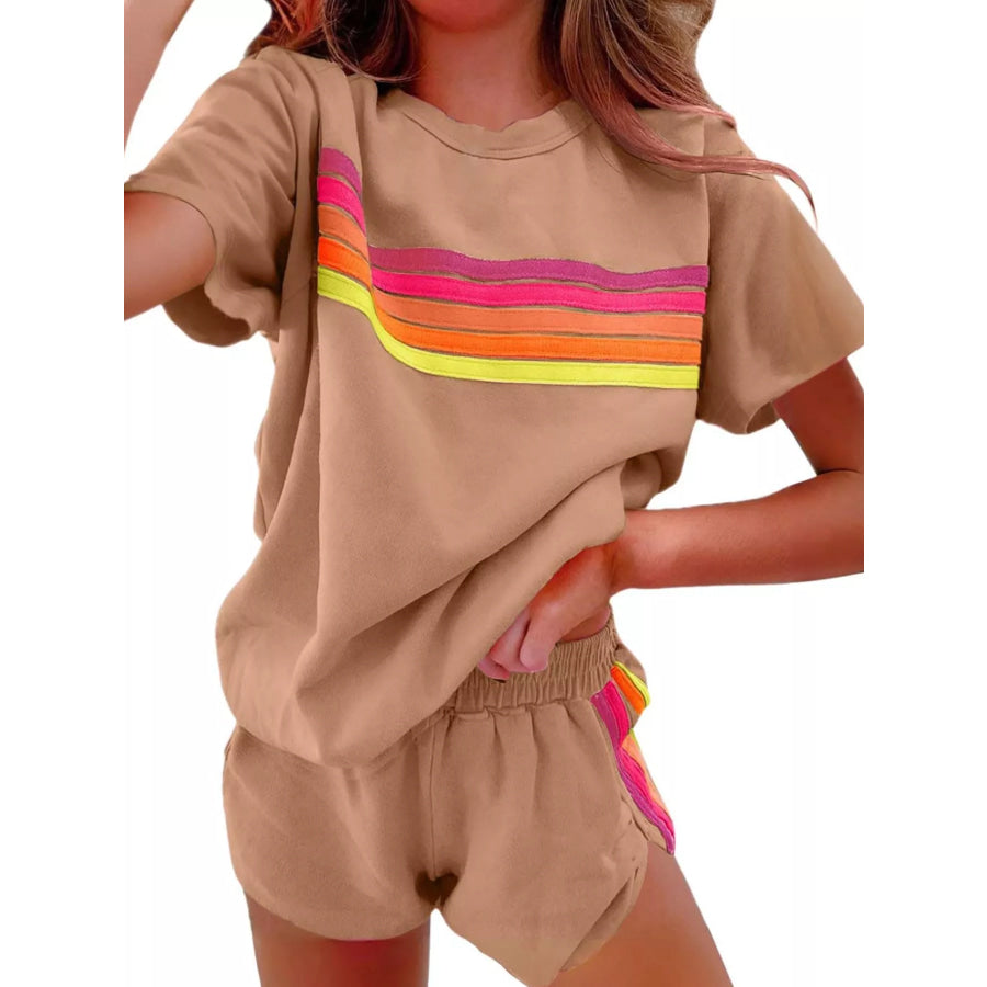 Rainbow Striped Round Neck Top and Shorts Set Brown Suit / S Apparel and Accessories