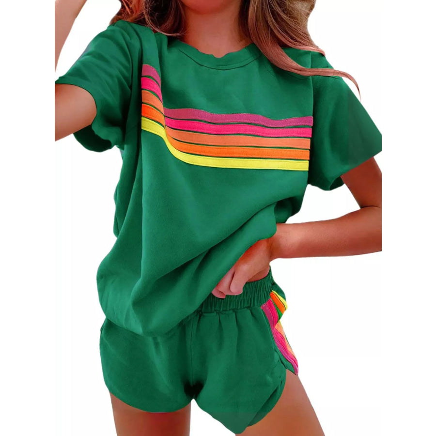 Rainbow Striped Round Neck Top and Shorts Set Green Suit / S Apparel and Accessories