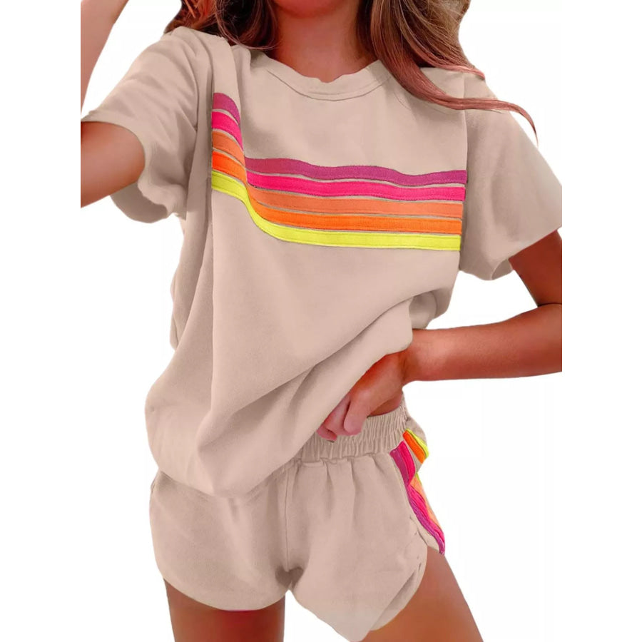 Rainbow Striped Round Neck Top and Shorts Set Khaki Suit / S Apparel and Accessories