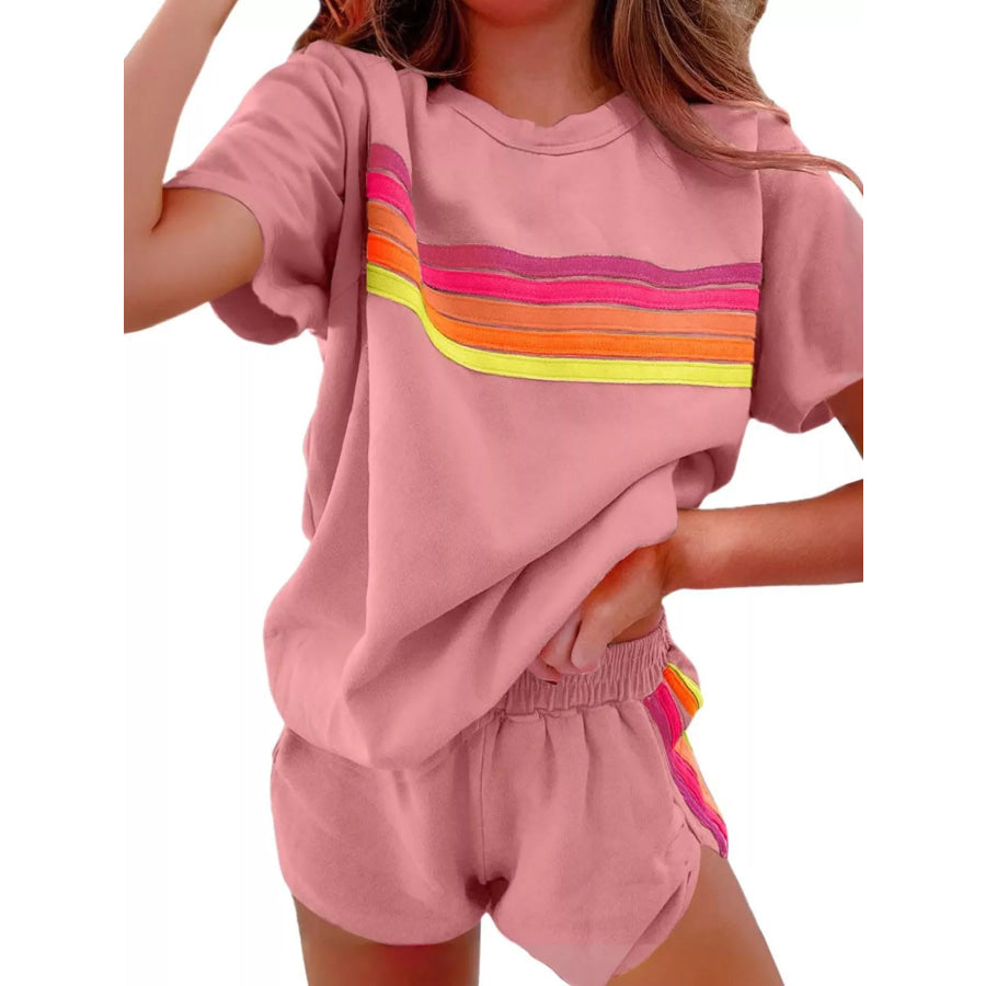 Rainbow Striped Round Neck Top and Shorts Set Pink Suit / S Apparel and Accessories