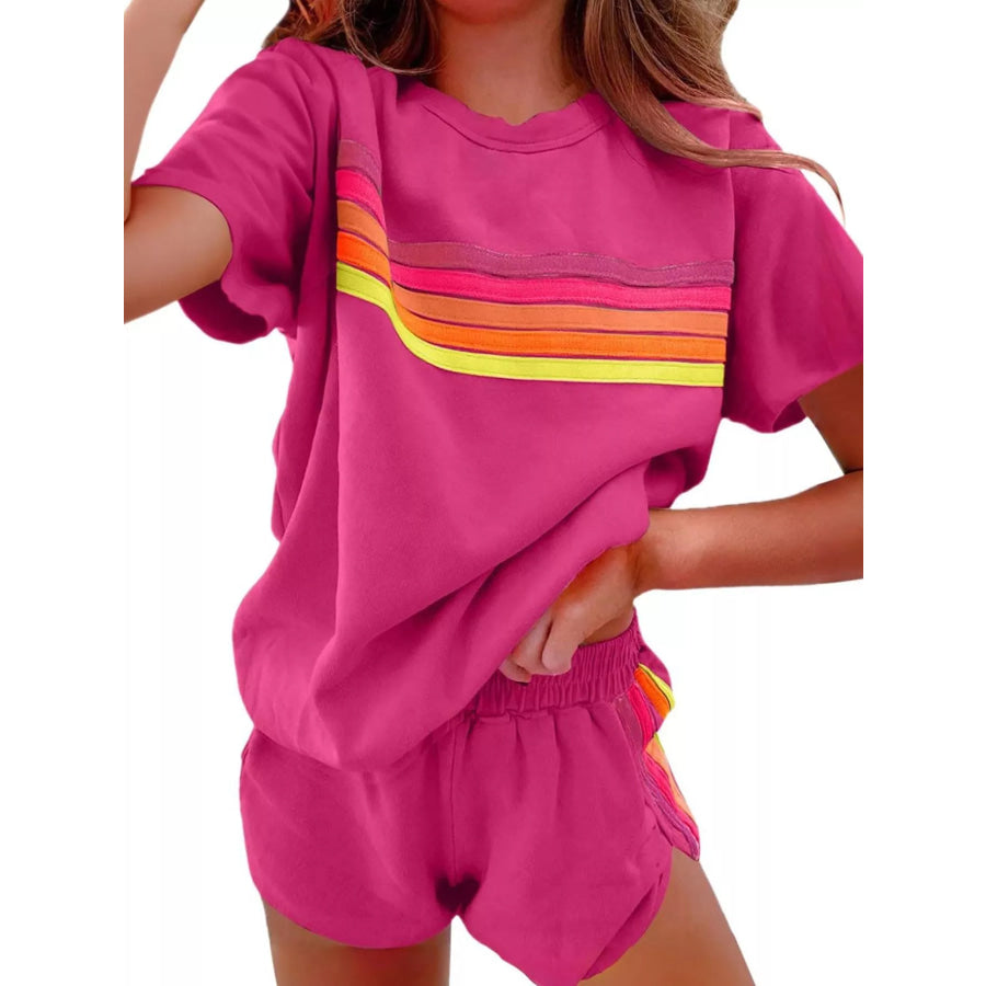 Rainbow Striped Round Neck Top and Shorts Set Rose Red Suit / S Apparel and Accessories