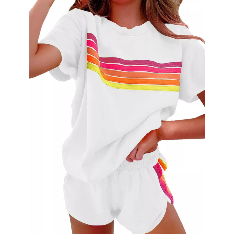 Rainbow Striped Round Neck Top and Shorts Set White Suit / S Apparel and Accessories