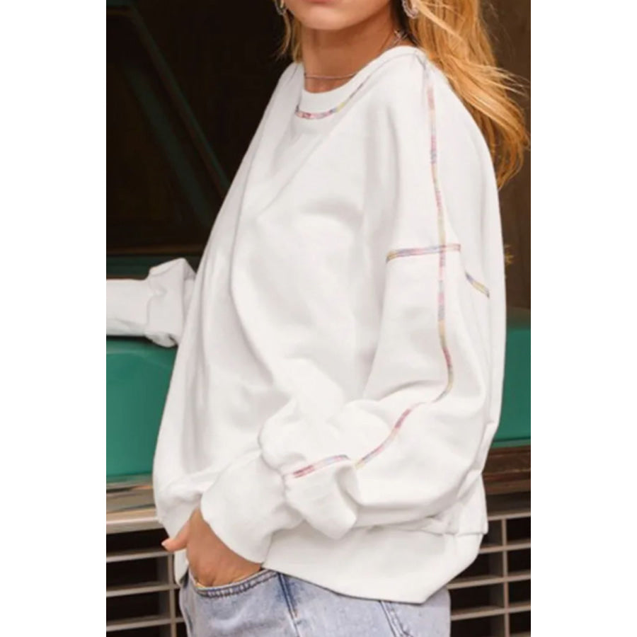 Rainbow Trim Round Neck Long Sleeve Sweatshirt White / S Apparel and Accessories