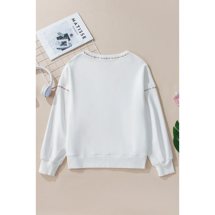 Rainbow Trim Round Neck Long Sleeve Sweatshirt Apparel and Accessories