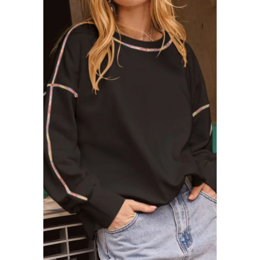 Rainbow Trim Round Neck Long Sleeve Sweatshirt Black / 2XL Apparel and Accessories