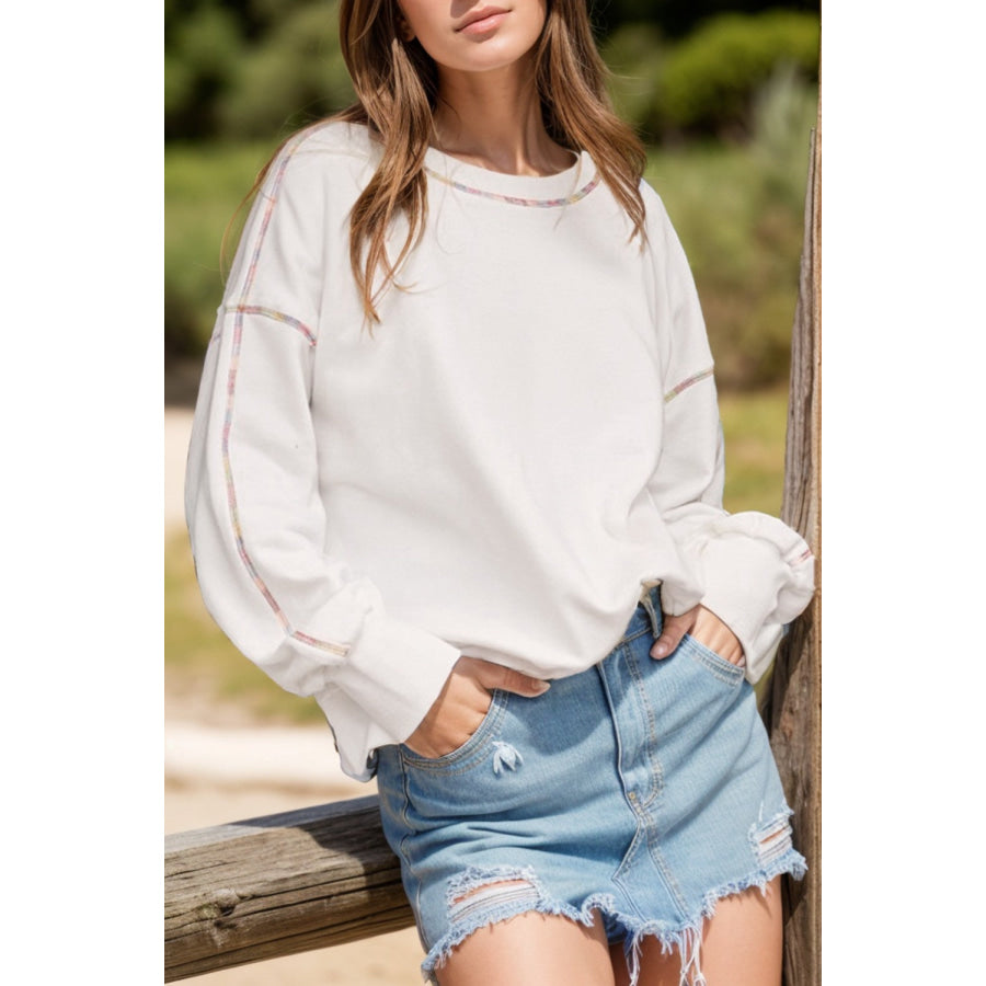 Rainbow Trim Round Neck Long Sleeve Sweatshirt White / S Apparel and Accessories