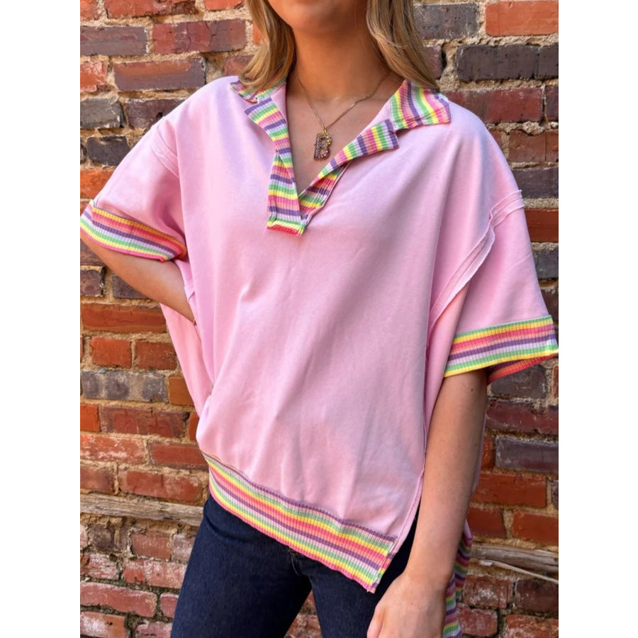 Rainbow Trim Side Slit Top Pink / S Apparel and Accessories