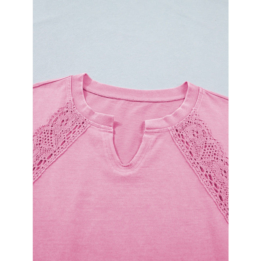 Raw Cut Notched Neck Lace Patchwork Detail Mineral Wash Tee Apparel and Accessories