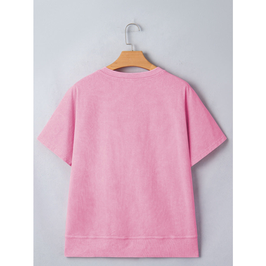 Raw Cut Notched Neck Lace Patchwork Detail Mineral Wash Tee Apparel and Accessories