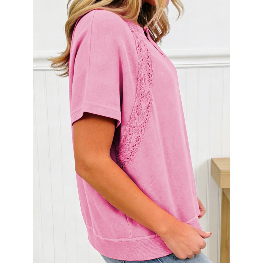 Raw Cut Notched Neck Lace Patchwork Detail Mineral Wash Tee Apparel and Accessories