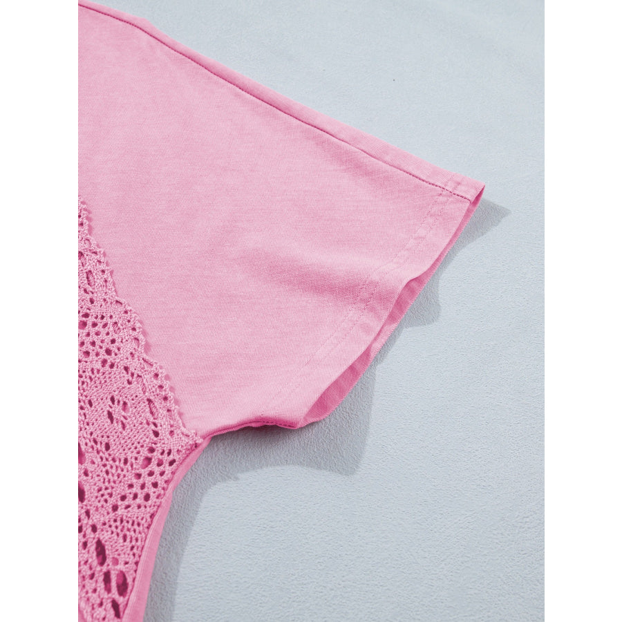Raw Cut Notched Neck Lace Patchwork Detail Mineral Wash Tee Apparel and Accessories