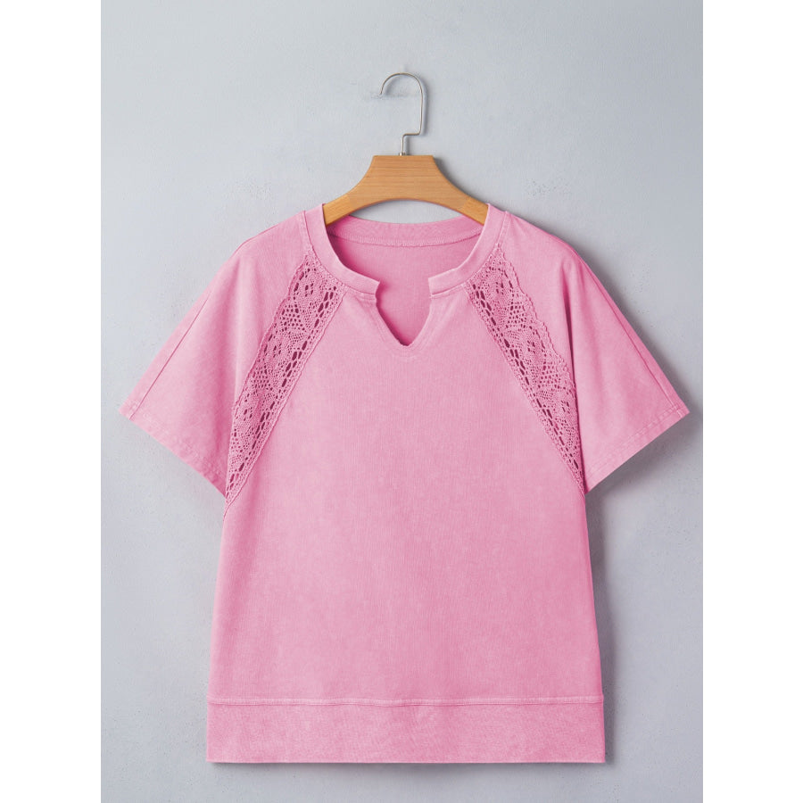 Raw Cut Notched Neck Lace Patchwork Detail Mineral Wash Tee Apparel and Accessories