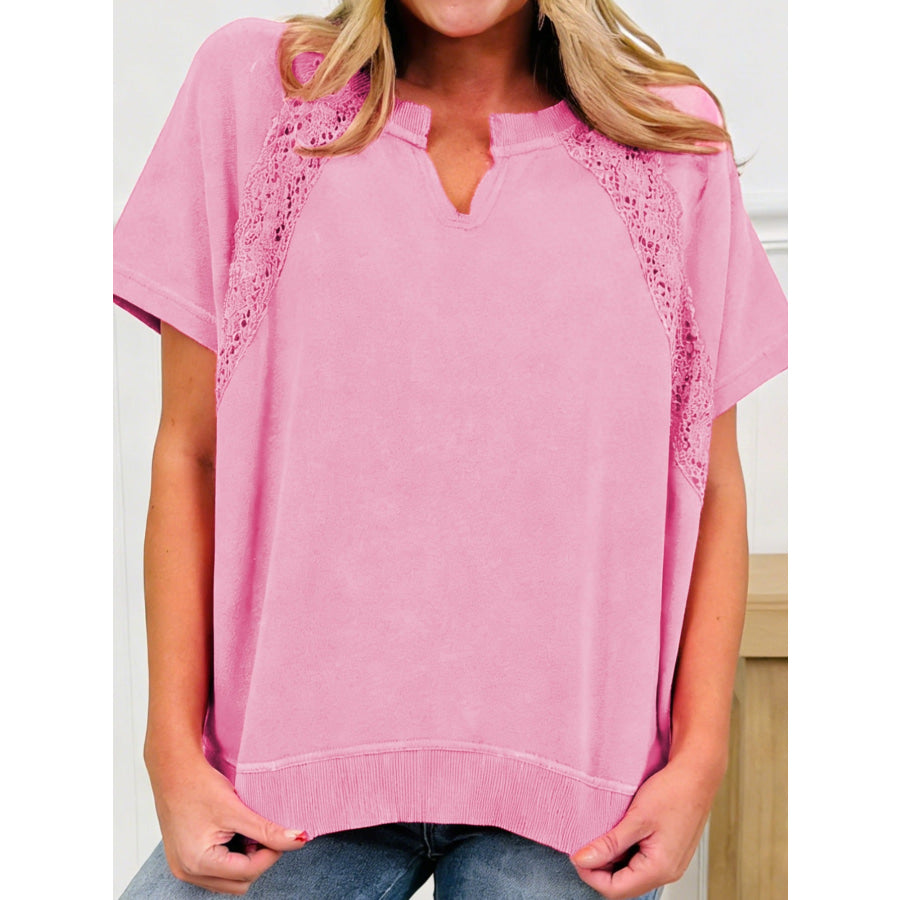 Raw Cut Notched Neck Lace Patchwork Detail Mineral Wash Tee Dusty Pink / S Apparel and Accessories