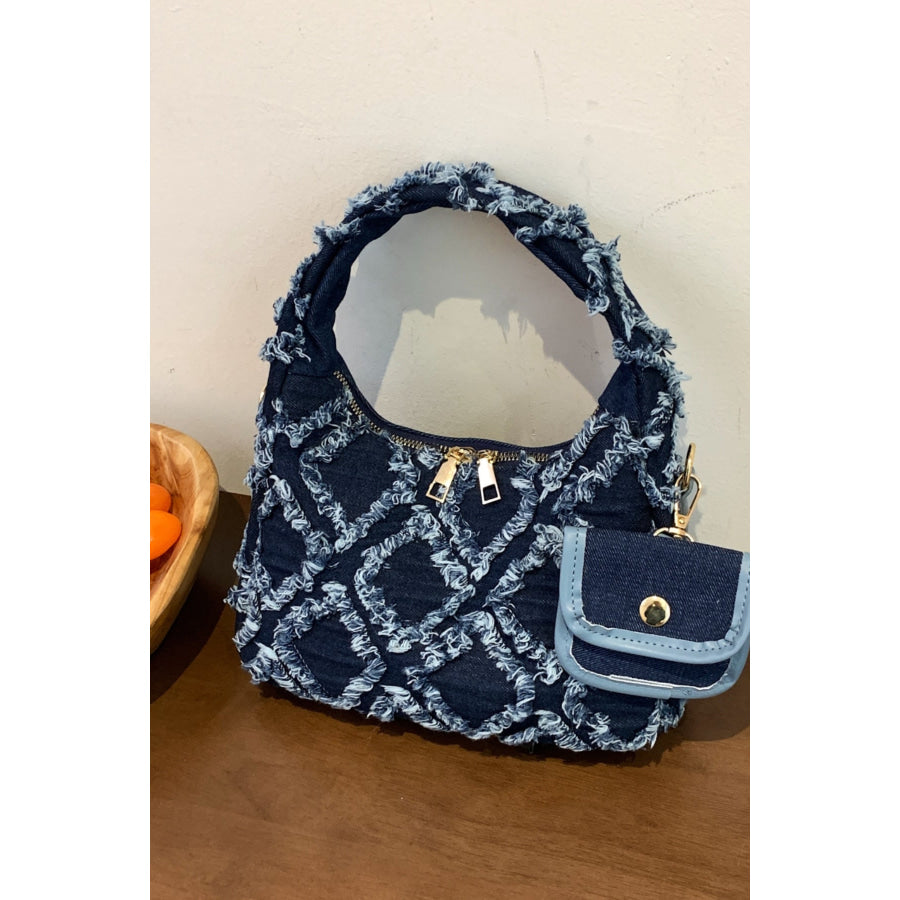 Raw Edge Denim Handbag with Pouch Apparel and Accessories