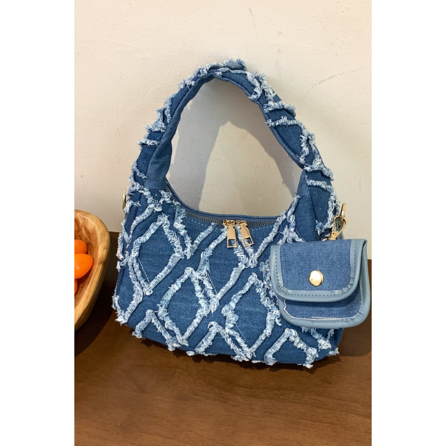 Raw Edge Denim Handbag with Pouch Apparel and Accessories