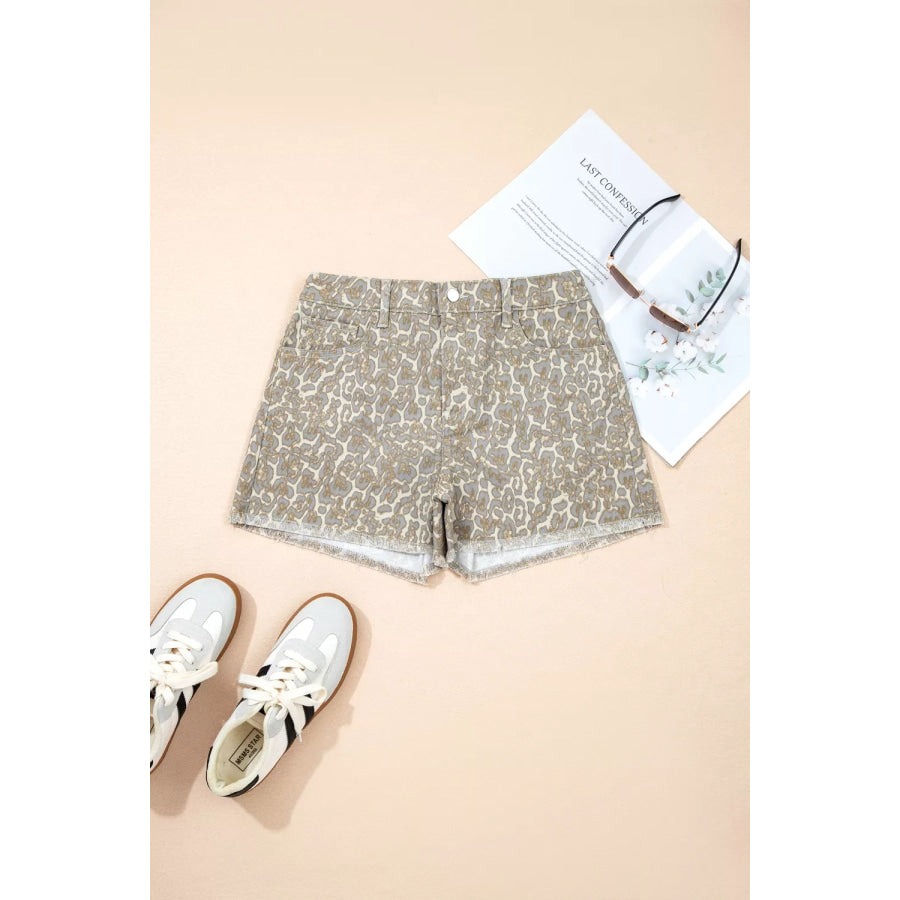 Raw Edge Leopard Print Denim Shorts Apparel and Accessories