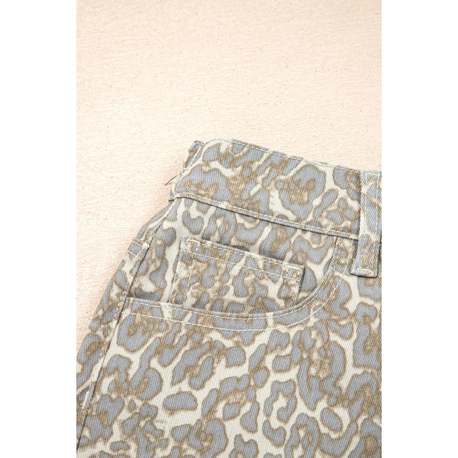 Raw Edge Leopard Print Denim Shorts Apparel and Accessories