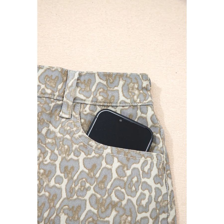 Raw Edge Leopard Print Denim Shorts Apparel and Accessories