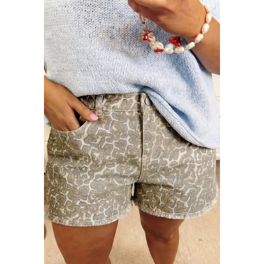 Raw Edge Leopard Print Denim Shorts Khaki / 4 Apparel and Accessories