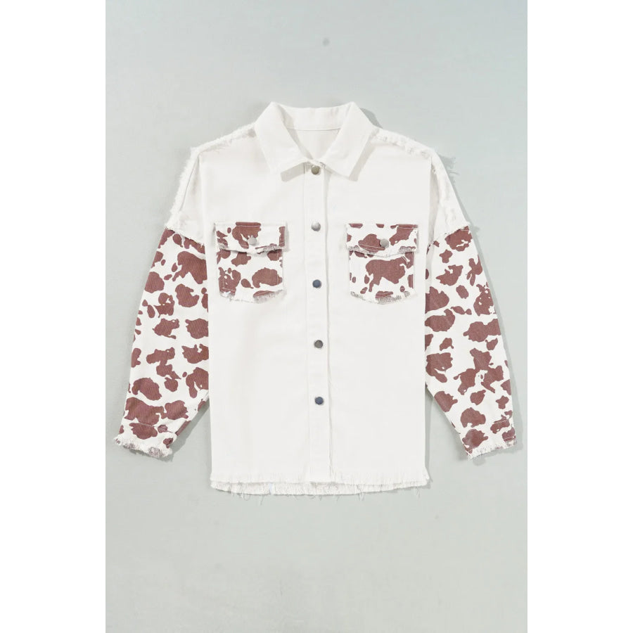 Raw Hem Animal Print Long Sleeve Denim Jacket Apparel and Accessories