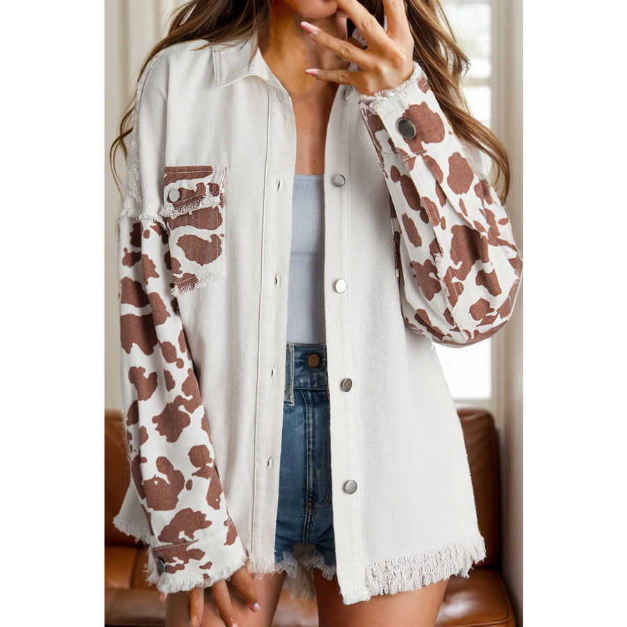 Raw Hem Animal Print Long Sleeve Denim Jacket White / S Apparel and Accessories