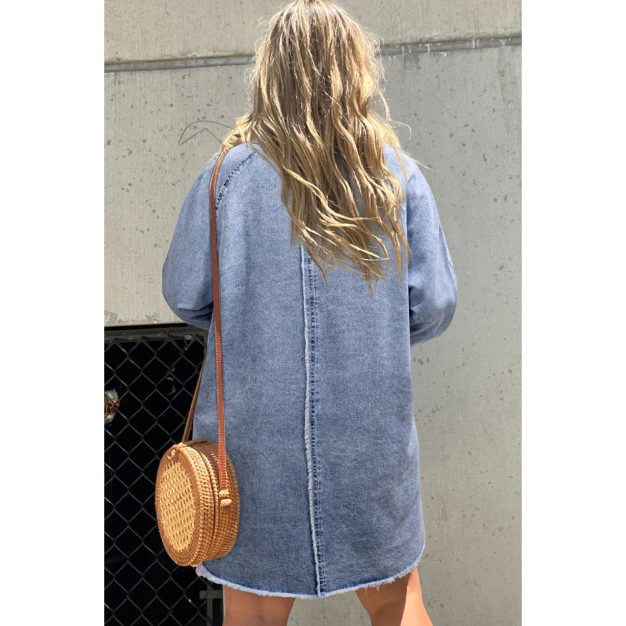 Raw Hem Button Down Long Sleeve Denim Dress Apparel and Accessories