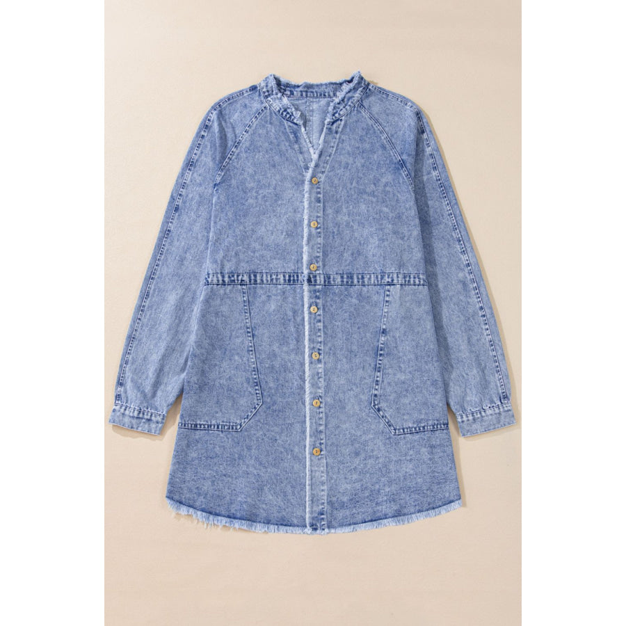 Raw Hem Button Down Long Sleeve Denim Dress Apparel and Accessories