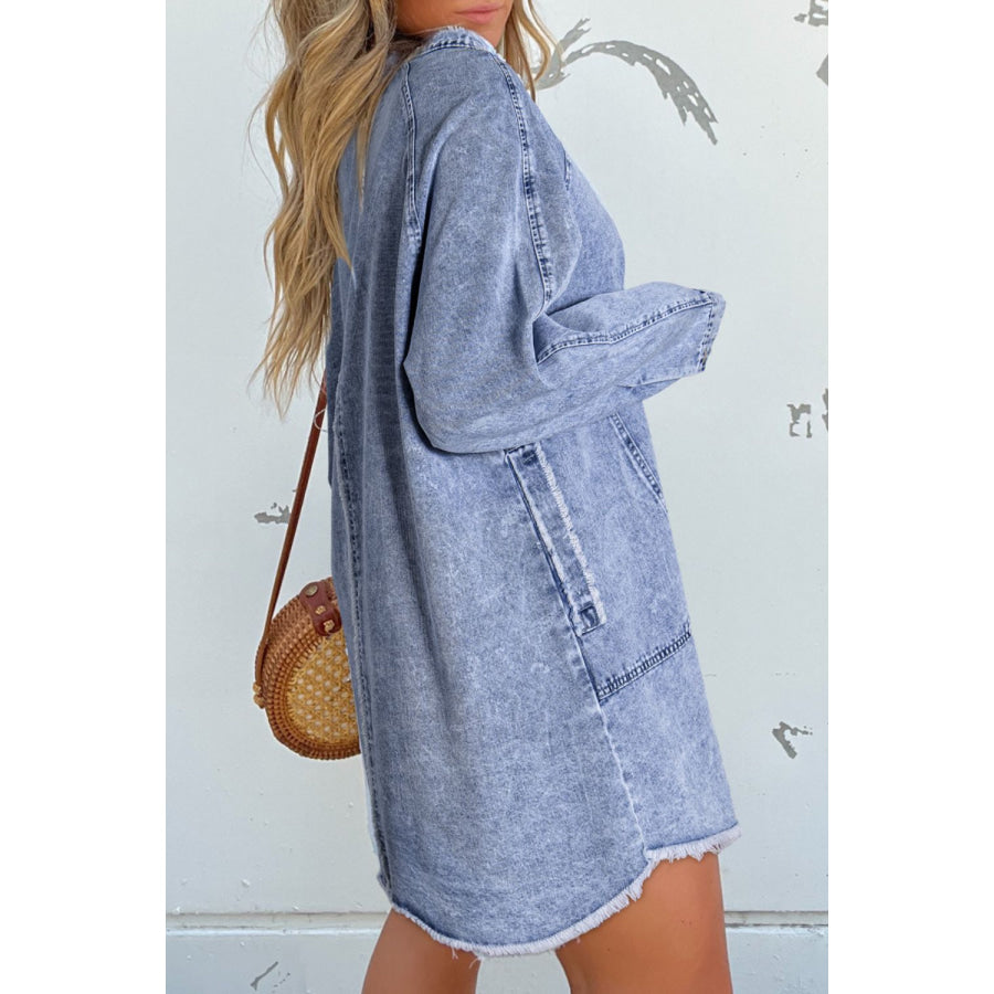 Raw Hem Button Down Long Sleeve Denim Dress Apparel and Accessories