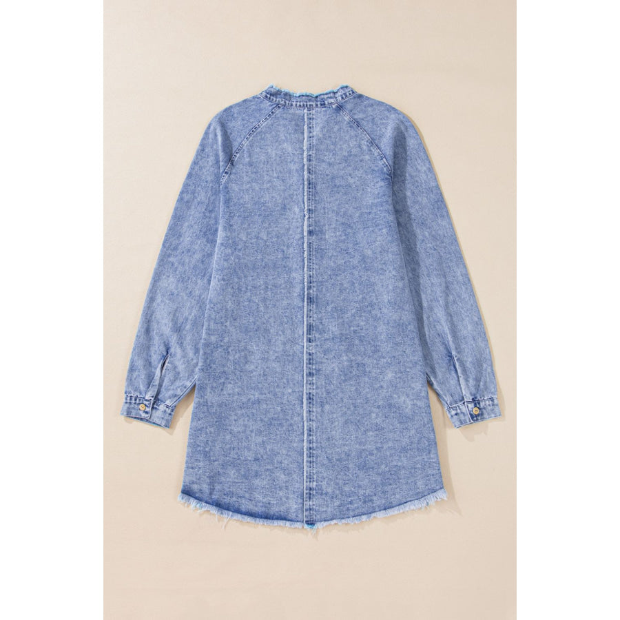 Raw Hem Button Down Long Sleeve Denim Dress Apparel and Accessories