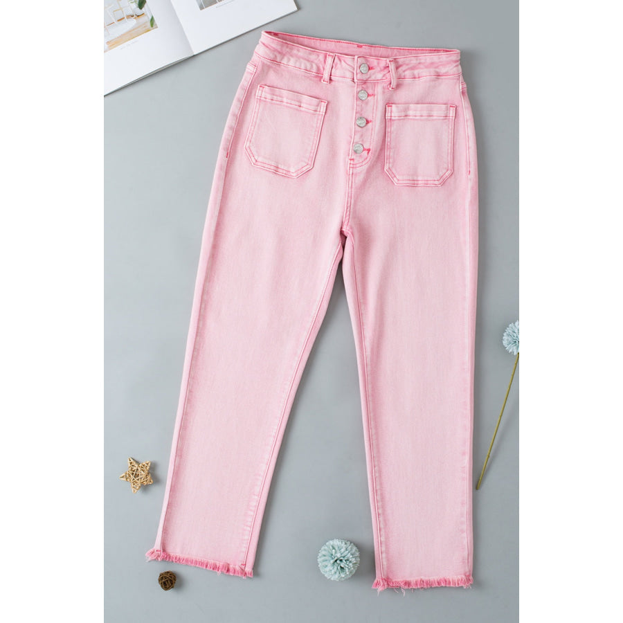 Raw Hem Button-Fly Jeans with Pockets Blush Pink / 6 Apparel and Accessories