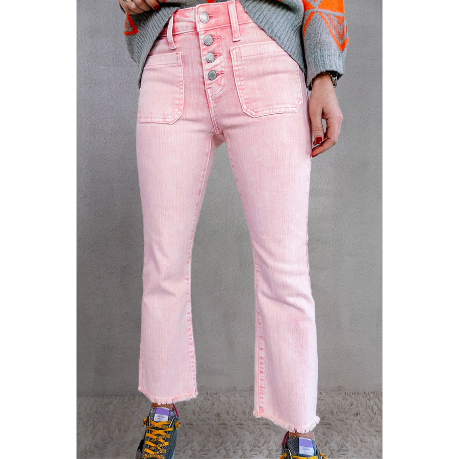 Raw Hem Button-Fly Jeans with Pockets Blush Pink / 6 Apparel and Accessories