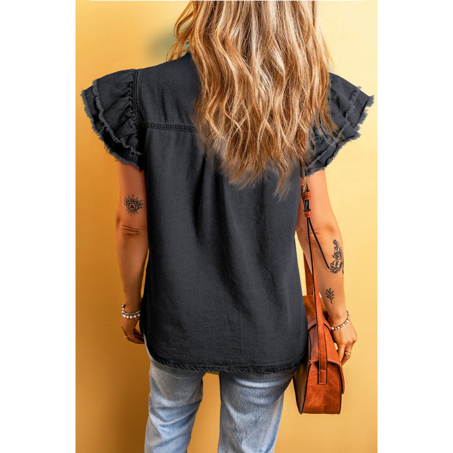 Raw Hem Button Up Cap Sleeve Denim Top Apparel and Accessories