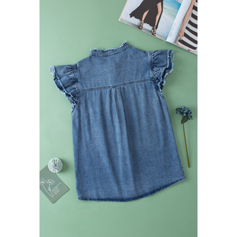 Raw Hem Button Up Cap Sleeve Denim Top Apparel and Accessories