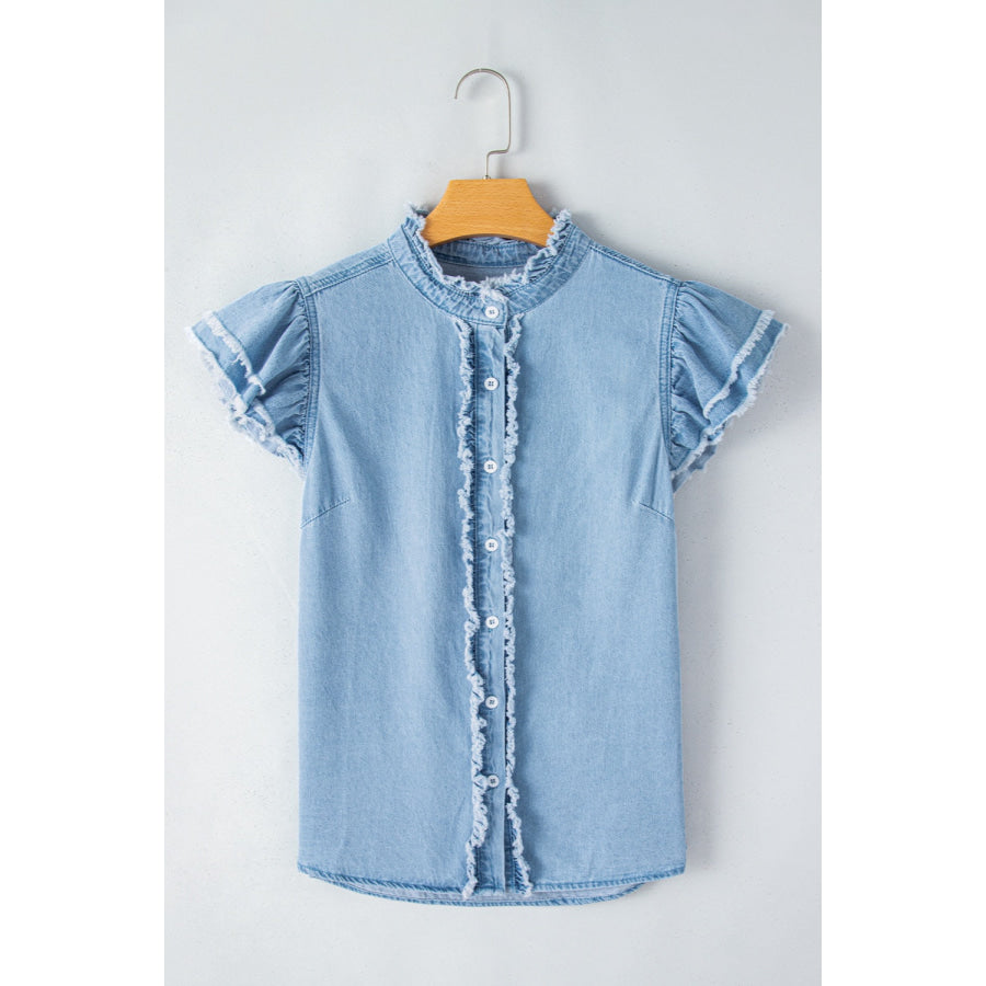 Raw Hem Button Up Cap Sleeve Denim Top Apparel and Accessories