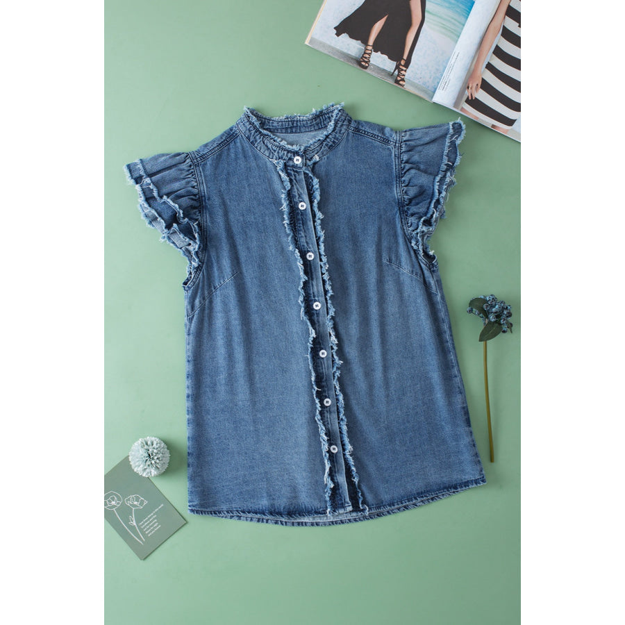 Raw Hem Button Up Cap Sleeve Denim Top Apparel and Accessories