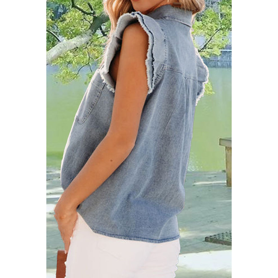 Raw Hem Button Up Cap Sleeve Denim Top Apparel and Accessories