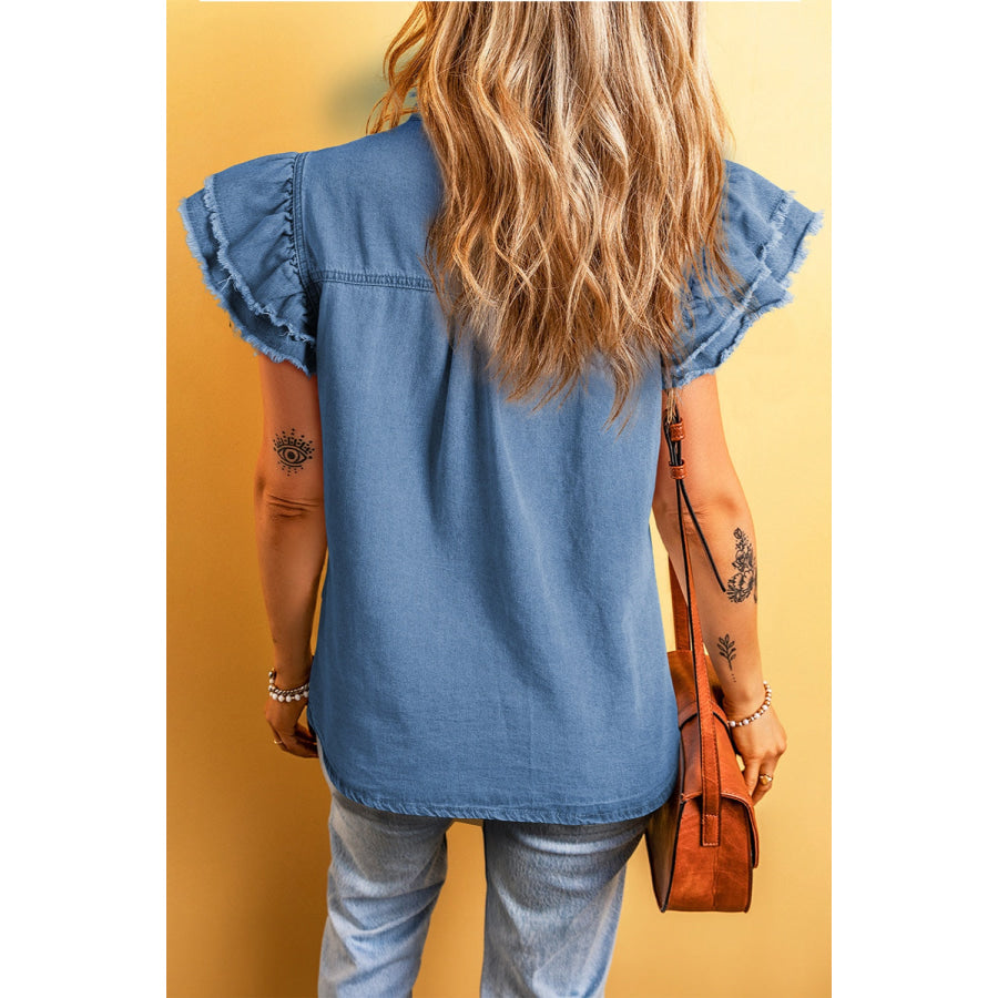 Raw Hem Button Up Cap Sleeve Denim Top Apparel and Accessories