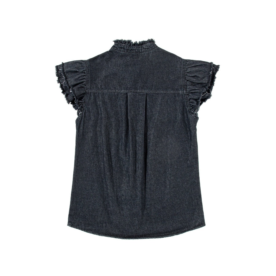 Raw Hem Button Up Cap Sleeve Denim Top Apparel and Accessories